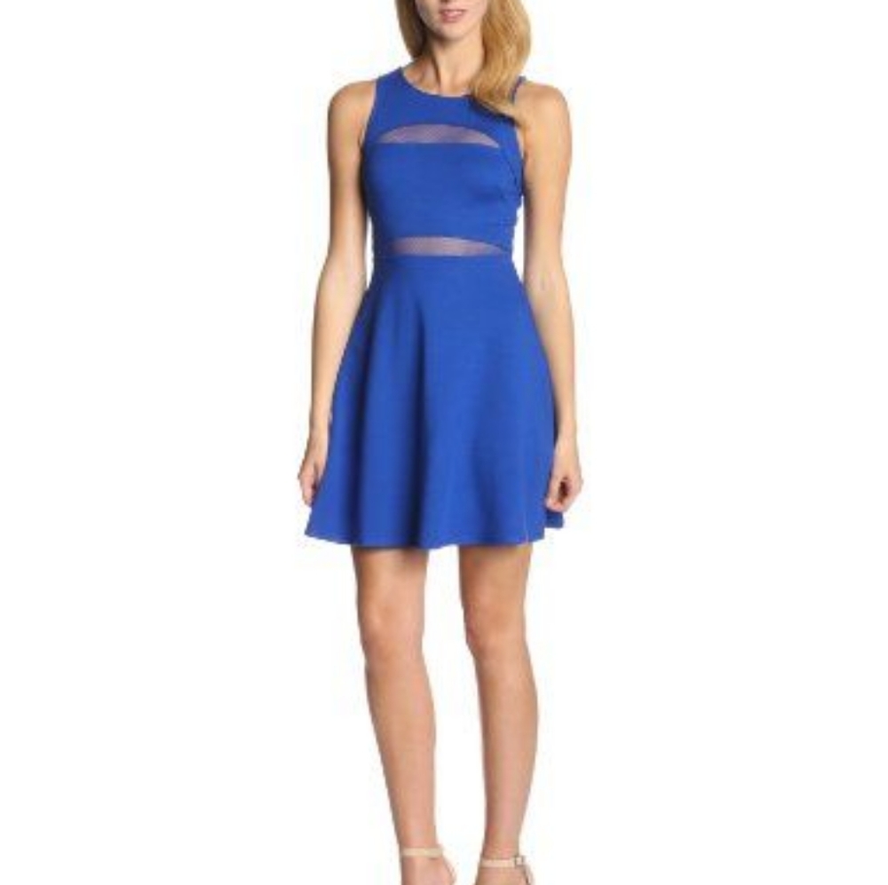 Bailey 44 Blue Fit Flare Dress Mesh Cutouts, Sz. S